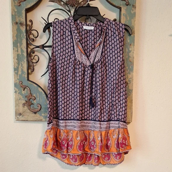 Beachlunchlounge Orange and Blue Relaxed Bib Collar Blouse. Size SMALL - Picture 4 of 9